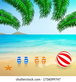 Summer view of the beach. Tropical background for summer holidays. Sea, sand, sky, wave, sun, palm leaves, starfish, mountain, beach ball and beach flip flops. Stock vector illustration.