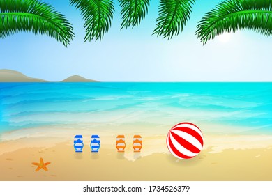 Summer view of the beach.Tropical background for summer holidays. Sea,sand,sky,wave,sun,palm leaves,starfish,mountain,Beach Ball and beach flip flops for summer season.Stock vector illustration.