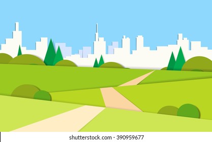 Summer View Green Landscape Valley Road To Modern City View Background Vector Illustration