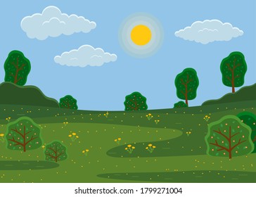 Summer view or landscape with green trees, fields, blooming flowers, bushes, hills and sky background with clouds and sun, beautiful view with plants, grass, day time, nobody, environment concept