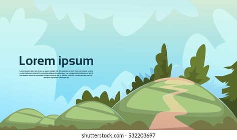 Summer View Landscape Rural Road Green Grass Hill Blue Sky Flat Vector Illustration