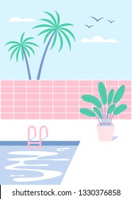 Summer view with swimming pool, palms and house plant in pastel colors