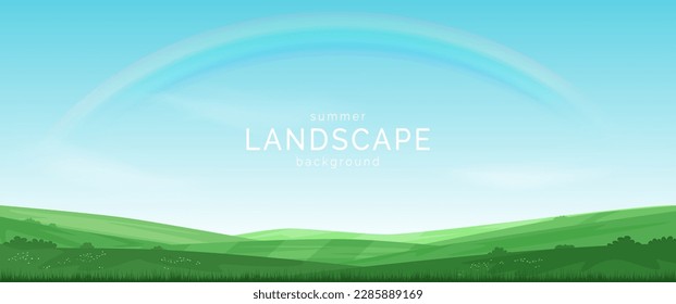 Summer village landscape. Fields, meadows and hills covered with green grass, a clear blue sky and a rainbow. Flat style. Vector illustration. Design of banners, covers, postcards, invitations.