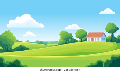 Summer village landscape with fields, trees, sky with clouds. Vector illustration.