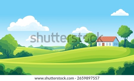 Summer village landscape with fields, trees, sky with clouds. Vector illustration.