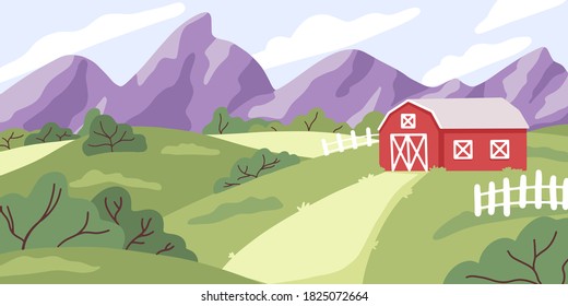 Summer village. Natural background, vacation, forest and trees, mountain, country life, green hills and red barn. Summer and spring countryside landscape. Farm and agriculture. Eco products banner.