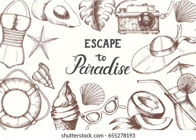 Summer vintage background with hand drawn doodle symbols and objects. Hand made quote 'Escape to Paradise'. Banner, poster, flyer, brochure. 
