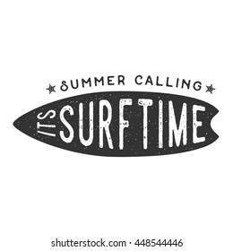 Summer vintage badge and quotes with surfboard design element