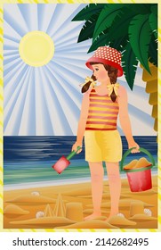 Summer vintage card, cute little girl  building sand castles on the beach, vector illustration	