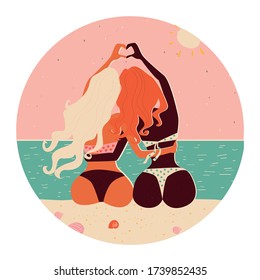 Summer vintage card, image of two women making hands with heart, beach, sea, sun, shells. Women's Day. Vector illustration, cartoon.