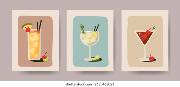 Summer vintage cards set with hand-drawn cocktails. Creative poster series featuring colorful beverages with fruit, ice, and mint. Ideal for bar menus, parties, pubs, restaurants, and summer events
