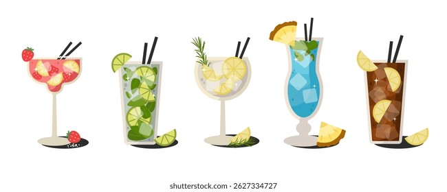 Summer vintage cocktails set. Alcohol drinks with lemon, berry, mint, ice and straw. Party, pub, restaurant or club design element. Beverages set isolated on a white background