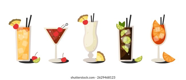 Summer Vintage cocktails set. Refreshing alcoholic drinks with fruit, ice and straws isolated on white background. Design elements for bar, menu, pub, party