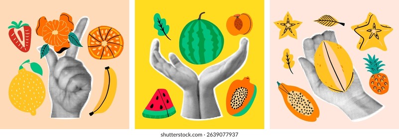 Summer vintage collage design. Halftone hands with fresh fruits, watermelon, orange, carambola, lemon. Retro design elements for banner, poster, cards, packaging.