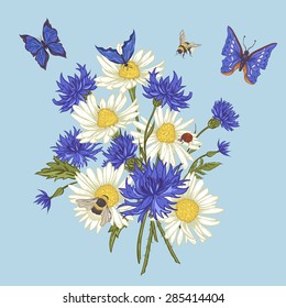 Summer Vintage Floral Bouquet. Greeting Card with Blooming Chamomile Ladybird Daisies Cornflowers Bumblebee Bee and Blue Butterflies. Vector Illustration on Blue Background