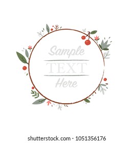 Summer vintage floral frame with garden leaves, brunches and berries. Vector hand drawn illustration.
