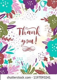 Summer Vintage Floral Greeting Card with garden flowers. Abstract border postcard. Text- Thank you. Romantic style. Vector illustration.