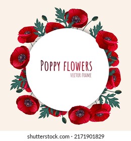 Summer vintage floral greeting card with blooming poppy flowers. Design frame with flowers and text on light background in vector illustration.
