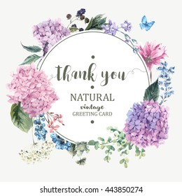 Летние старинные цветочные поздравительные открытки с цветущими гортензии и садовые цветы, Спасибо ботанические природные гортензии Иллюстрация на белом в акварельном стиле.