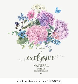 Summer Vintage Floral Greeting Card with Blooming Hydrangea and garden flowers, botanical natural hydrangea Illustration on white in watercolor style.  