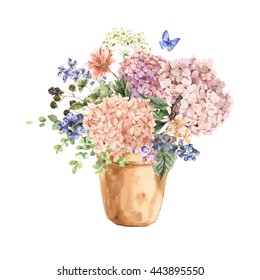 Summer Vintage Floral Greeting Card with Blooming Hydrangea and garden flowers, in a flower pot in watercolor style.  