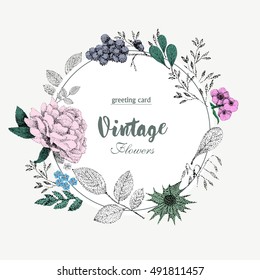 Summer vintage Floral greeting card with wild and garden plants. illustration on white style graphics. puantel