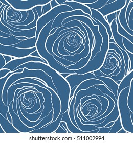 Summer Vintage Floral Greeting Card with Blooming blue Rose flowers silhouette. Botanical natural seamless pattern in watercolor style.
