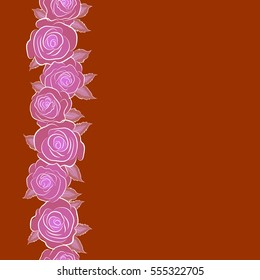 Summer Vintage Floral Greeting Card with vertical Blooming brown, violet and pink Rose flowers. Botanical natural seamless pattern with copy space. Watercolor style in brown, violet and pink colors.