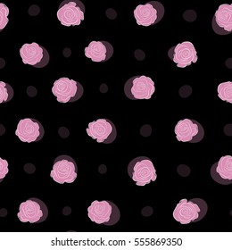 Summer Vintage Floral Greeting Card with Blooming pink Rose flowers. Botanical natural seamless pattern on a black background in watercolor style.