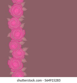 Summer Vintage Floral Greeting Card with vertical Blooming pink and magenta Rose flowers. Botanical natural seamless pattern with copy space. Watercolor style in pink and magenta colors.