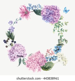 Summer Vintage Floral Greeting Wreath with Blooming Hydrangea and garden flowers, botanical natural hydrangea Illustration on white in watercolor style.  