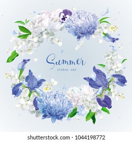 Summer vintage floral round vector composition with blooming Chrysanthemums, blue Irises, Asters, Hydrangeas, Peonies, Apple blossom  and garden flowers. Botanical drawing in watercolor style. 