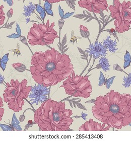 Summer Vintage Floral Seamless Pattern with Blooming Poppies Cornflowers Ladybird Bumblebee and Bee and Blue Butterflies. Vector Shabby Illustration