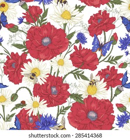 Summer Vintage Floral Seamless Pattern with Blooming Red Poppies Chamomile Ladybird and Daisies Cornflowers Bumblebee  Bee and Blue Butterflies. Vector Illustration on White Background
