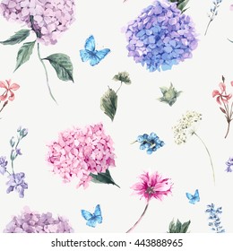 Summer Vintage Floral seamless pattern with Blooming Hydrangea and garden flowers, botanical natural hydrangea Illustration on white in watercolor style.  