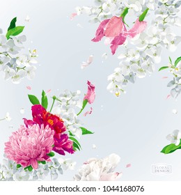 Summer vintage floral vector background with blooming Chrysanthemums, Asters, Hydrangeas, Peonies and Apple blossom  and  other  garden  flowers. Botanical drawing in watercolor style. 