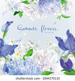 Summer vintage floral vector background with blooming Chrysanthemums, blue Irises, Asters, Hydrangeas, Peonies and Apple blossom  and  other  garden  flowers. Botanical drawing in watercolor style