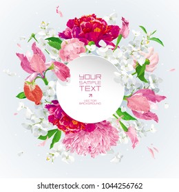 Summer vintage floral vector composition with blooming Chrysanthemums, Asters, Hydrangeas, Peonie, Apple blossom and garden flowers with paper label. Botanical drawing in watercolor style. 