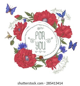 Summer Vintage Greeting Card with Blooming Red Poppies Cornflowers Ladybird Bumblebee Bee and Blue Butterflies. For You with Place for Your Text. Vector Illustration on White Background