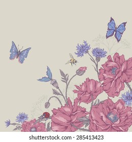 Summer Vintage Greeting Card with Blooming Poppies Cornflowers Ladybird Bumblebee and Bee Blue Butterflies. Vector Shabby Illustration
