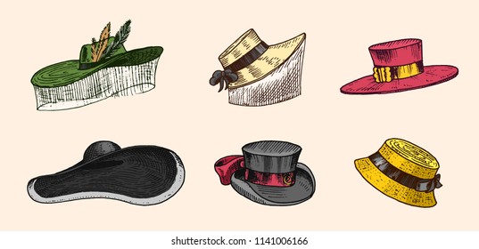 Summer vintage Hats collection for elegant men,woman, female and ladies. Fedora Derby Deerstalker Homburg Bowler Straw Beret Captain Cowboy Porkpie Boater. Retro fashion set. English style. Hand drawn