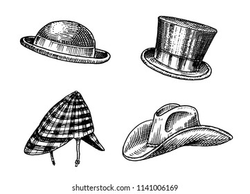 Summer vintage Hats collection for elegant men. Fedora Derby Deerstalker Homburg Bowler Straw Beret Captain Cowboy Porkpie Boater Peaked cap. Retro fashion set. English style. Hand drawn sketch.