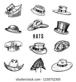 Summer vintage Hats collection for elegant men,woman, female and ladies. Fedora Derby Deerstalker Homburg Bowler Straw Beret Captain Cowboy Porkpie Boater. Retro fashion set. English style. Hand drawn