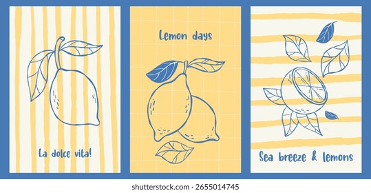 Verão Vintage limão. Pôsteres do Mediterrâneo set. la dolce vita desenho de mão estética. Contorno isolado Vertical retro amarelo azul Banners. Ilustração vetorial. Não é IA
