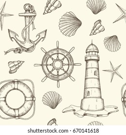 Summer vintage nautical seamless pattern. Hand drawn vector anchor, lighthouse, shells, lifebuoy and handwheel. Sketch. Pattern can be used for wallpaper, web page background, surface textures.