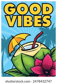 Summer vintage poster with coconut drink drawing
