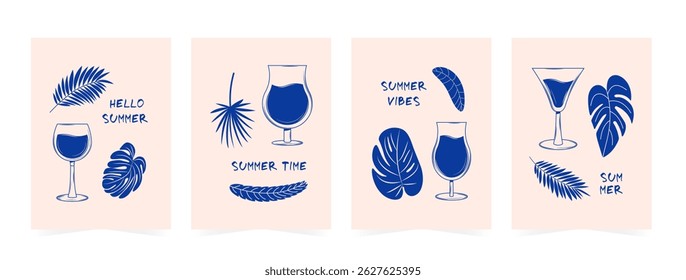 Summer vintage poster set. Modern print with palm leaves and wine or cocktail glasses. Minimalist line art. Dolce vita concept. Vector illustration

