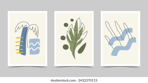 Summer vintage posters set. Organic print concepts with wavy shapes and line art plants. Irregular designs wall art collection. Cute retro nature concepts. Abstract hand drawn flat vector illustration