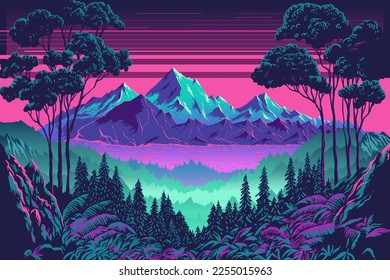 Summer vintage rainforest mountains landscape, 90's , 80's neon purple colors