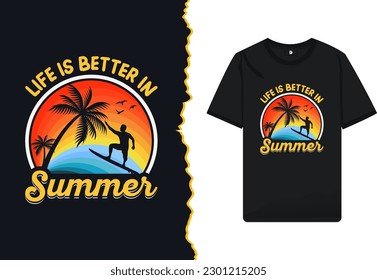 Summer vintage retro t-shirt design template. Illustration with palm tree, sunrise, and Surfboard silhouette. it can be used for any print item. Design quote - life is better in summer.